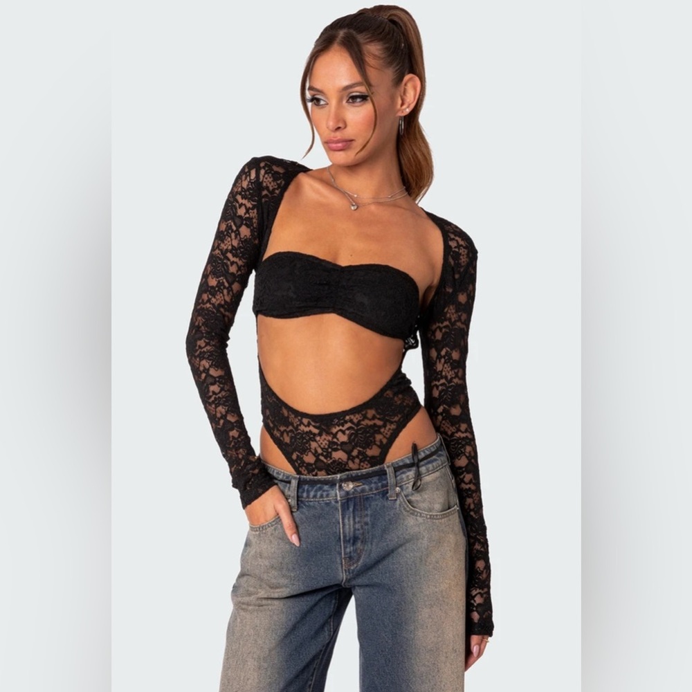 Edikted Zoey Sheer Lace Two Piece Bodysuit